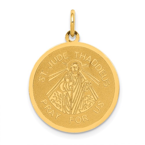 14K Yellow Gold Polished and Satin Solid Saint Jude Thaddeus Round Disc Charm
