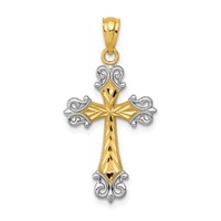 14K and White Rhodium Diamond-cut Fleur De Lis Cross Pendant view 1