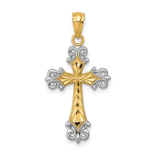 14K and White Rhodium Diamond-cut Fleur De Lis Cross Pendant