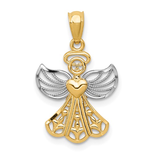 14K and White Rhodium Filigree Angel Pendant with Heart