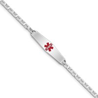 Sterling Silver Rhodium-plated Anchor Link Centered Red Enamel 30x 7mm Plate Medical ID Bracelet, 7" view 1