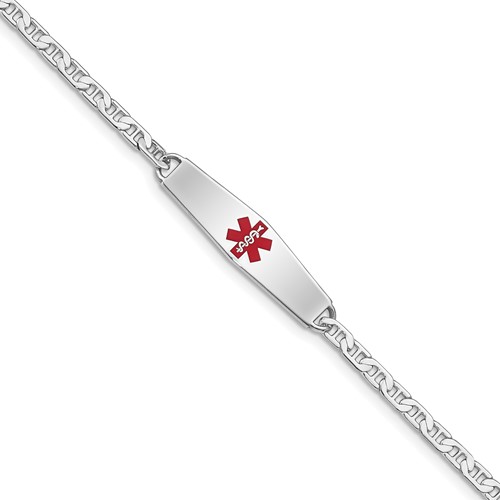 Sterling Silver Rhodium-plated Anchor Link Centered Red Enamel 30x 7mm Plate Medical ID Bracelet, 7"