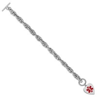 Sterling Silver Rhodium-plated Rope Chain Engravable Red Enamel 23x 18mm Heart Disc Medical ID Bracelet, 7.75" view 2