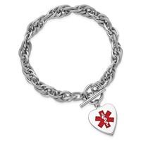 Sterling Silver Rhodium-plated Rope Chain Engravable Red Enamel 23x 18mm Heart Disc Medical ID Bracelet, 7.75" view 4