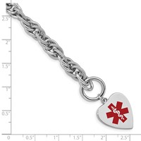 Sterling Silver Rhodium-plated Rope Chain Engravable Red Enamel 23x 18mm Heart Disc Medical ID Bracelet, 7.75" view 3