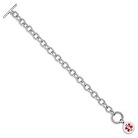 Sterling Silver Rhodium-plated Cable Link Engravable Red Enamel 11mm Round Disc Medical ID Bracelet, 7.75" view 2