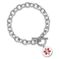 Sterling Silver Rhodium-plated Cable Link Engravable Red Enamel 11mm Round Disc Medical ID Bracelet, 7.75" view 3