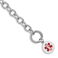 Sterling Silver Rhodium-plated Cable Link Engravable Red Enamel 11mm Round Disc Medical ID Bracelet, 7.75" view 1