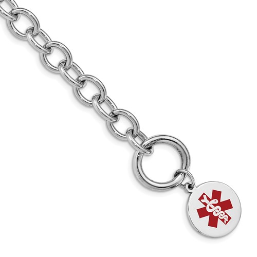Sterling Silver Rhodium-plated Cable Link Engravable Red Enamel 11mm Round Disc Medical ID Bracelet, 7.75"