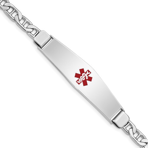 Sterling Silver Rhodium-plated Anchor Link Centered Red Enamel 50x 13mm Plate Medical ID Bracelet, 7"