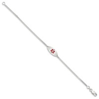 Sterling Silver Rhodium-plated Curb Link Centered Red Enamel 18x 7mm Oval Plate Medical ID Bracelet, 7" view 2