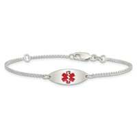 Sterling Silver Rhodium-plated Curb Link Centered Red Enamel 18x 7mm Oval Plate Medical ID Bracelet, 7" view 4
