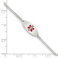 Sterling Silver Rhodium-plated Curb Link Centered Red Enamel 18x 7mm Oval Plate Medical ID Bracelet, 7" view 3