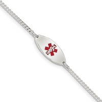 Sterling Silver Rhodium-plated Curb Link Centered Red Enamel 18x 7mm Oval Plate Medical ID Bracelet, 7" view 1