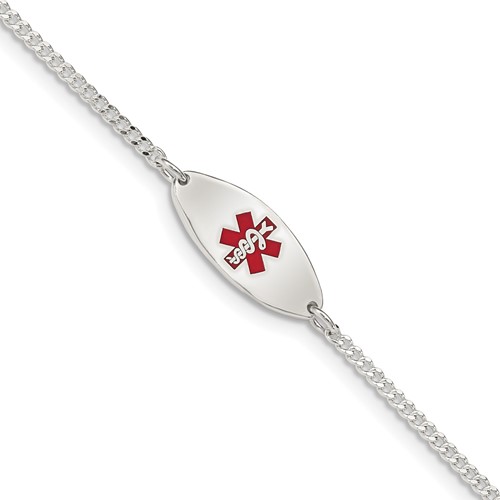 Sterling Silver Rhodium-plated Curb Link Centered Red Enamel 18x 7mm Oval Plate Medical ID Bracelet, 7"