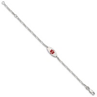 Sterling Silver Rhodium-plated Figaro Link Centered Red Enamel 18x7mm Oval Plate Medical ID Bracelet - 7in view 2