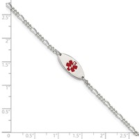 Sterling Silver Rhodium-plated Figaro Link Centered Red Enamel 18x7mm Oval Plate Medical ID Bracelet - 7in view 3