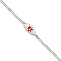 Sterling Silver Rhodium-plated Figaro Link Centered Red Enamel 18x7mm Oval Plate Medical ID Bracelet - 7in view 1