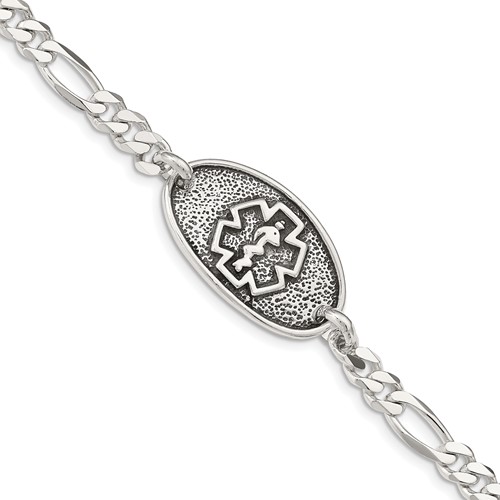 Sterling Silver Antiqued Polished Figaro Link 31x 17mm Oval Plate Medical ID Bracelet, 8"
