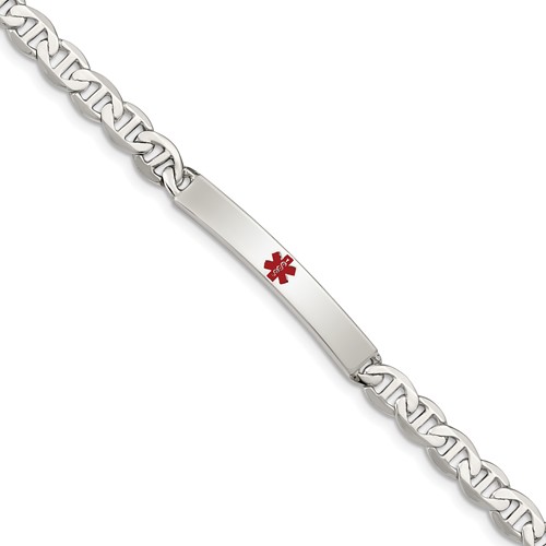 Sterling Silver Polished Anchor Link Centered Red Enamel 32x 5mm Plate Medical ID Bracelet, 7.5"