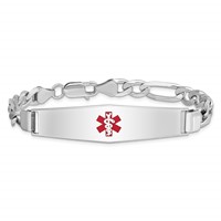 Sterling Silver Rhodium-plated Figaro Link Centered Red Enamel 50x13mm Plate 7 Inch Medical ID Bracelet view 3