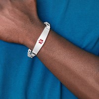 Sterling Silver Rhodium-plated Figaro Link Centered Red Enamel 50x13mm Plate 7 Inch Medical ID Bracelet view 5