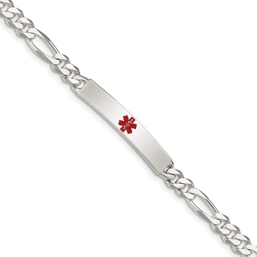 Sterling Silver Polished Figaro Link Centered Red Enamel 32x 6mm Plate Medical ID Bracelet, 7.5"