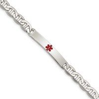 Sterling Silver Polished Anchor Link Centered Red Enamel 32x 6mm Plate Medical ID Bracelet, 7.5" view 1