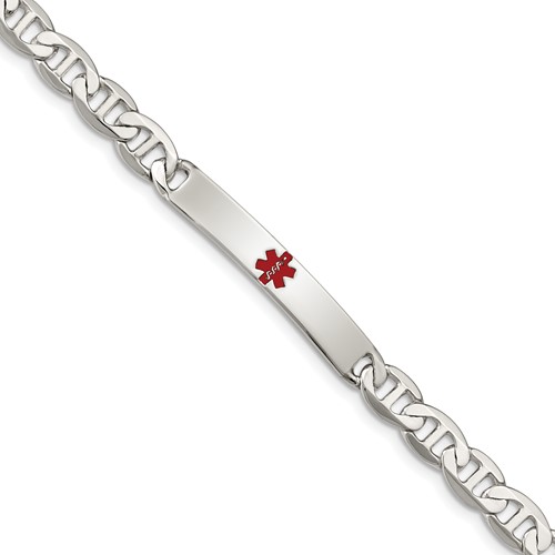 Sterling Silver Polished Anchor Link Centered Red Enamel 32x 6mm Plate Medical ID Bracelet, 7.5"