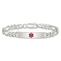 Sterling Silver Polished Figaro Link Centered Red Enamel 34x 6.5mm Plate Medical ID Bracelet, 7.5" view 3