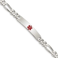 Sterling Silver Polished Figaro Link Centered Red Enamel 34x 6.5mm Plate Medical ID Bracelet, 7.5" view 1