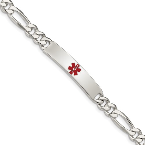 Sterling Silver Polished Figaro Link Centered Red Enamel 34x 6.5mm Plate Medical ID Bracelet, 7.5"