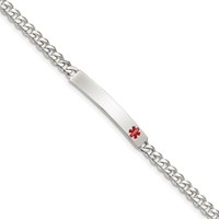 Sterling Silver Polished Curb Link Off-Center Red Enamel 32x 5mm Plate Medical ID Bracelet, 7.5" view 1