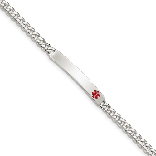 Sterling Silver Polished Curb Link Off-Center Red Enamel 32x 5mm Plate Medical ID Bracelet, 7.5"