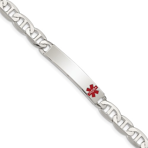 Sterling Silver Polished Anchor Link Off-Center Red Enamel 34x 7mm Plate Medical ID Bracelet, 7.5"