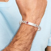 Sterling Silver Polished Curb Link Off-Center Red Enamel 34x 8mm Plate Medical ID Bracelet, 7.5" view 5