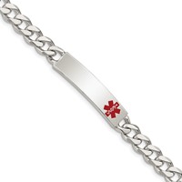 Sterling Silver Polished Curb Link Off-Center Red Enamel 34x 8mm Plate Medical ID Bracelet, 7.5" view 1