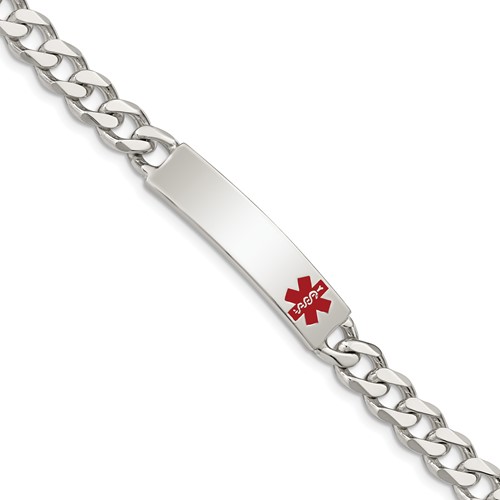 Sterling Silver Polished Curb Link Off-Center Red Enamel 34x 8mm Plate Medical ID Bracelet, 7.5"