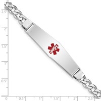 Sterling Silver Rhodium-plated Curb Link Centered Red Enamel 50x 13mm Plate Medical ID Bracelet, 7" view 3