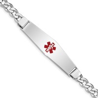Sterling Silver Rhodium-plated Curb Link Centered Red Enamel 50x 13mm Plate Medical ID Bracelet, 7" view 1