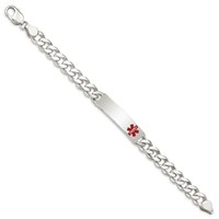 Sterling Silver Polished Curb Link Off-Center Red Enamel 39x 10mm Plate Medical ID Bracelet, 7.5" view 2