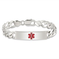 Sterling Silver Polished Figaro Link Centered Red Enamel 39x 10mm Plate Medical ID Bracelet, 8.5" view 3