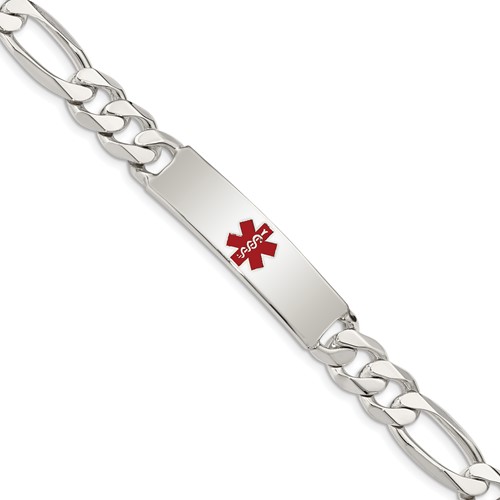 Sterling Silver Polished Figaro Link Centered Red Enamel 39x 10mm Plate Medical ID Bracelet, 8.5"