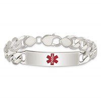 Sterling Silver Polished Curb Link Centered Red Enamel 41x 11mm Plate Medical ID Bracelet, 8.5" view 3