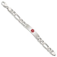 Sterling Silver Polished Figaro Link Centered Red Enamel 41x 11mm Plate Medical ID Bracelet, 8.5" view 2