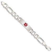 Sterling Silver Polished Figaro Link Centered Red Enamel 42x 13mm Plate Medical ID Bracelet, 8.5" view 2