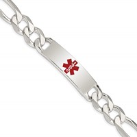 Sterling Silver Polished Figaro Link Centered Red Enamel 42x 13mm Plate Medical ID Bracelet, 8.5" view 1