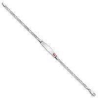 Sterling Silver Rhodium-plated Figaro Link Off-Center Red Enamel 28x 5mm Plate Medical ID Bracelet, 8" view 2
