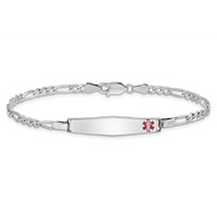 Sterling Silver Rhodium-plated Figaro Link Off-Center Red Enamel 28x 5mm Plate Medical ID Bracelet, 8" view 3