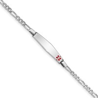 Sterling Silver Rhodium-plated Figaro Link Off-Center Red Enamel 28x 5mm Plate Medical ID Bracelet, 8" view 1